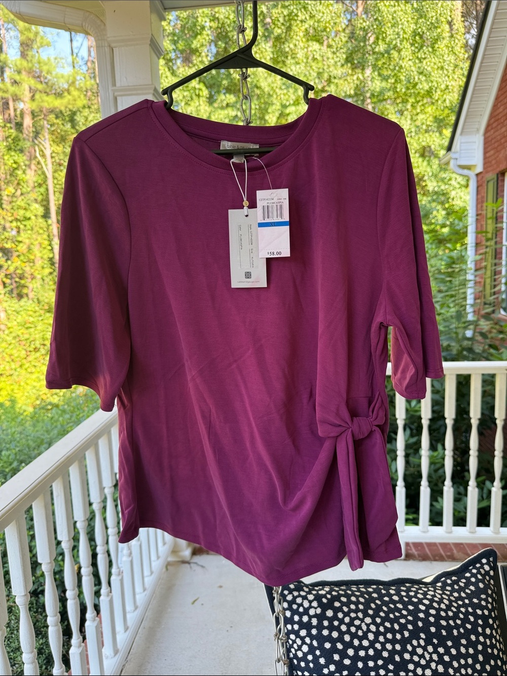 Women's Cable & Gauge Tie-Accent Short Sleeve Top - Plum